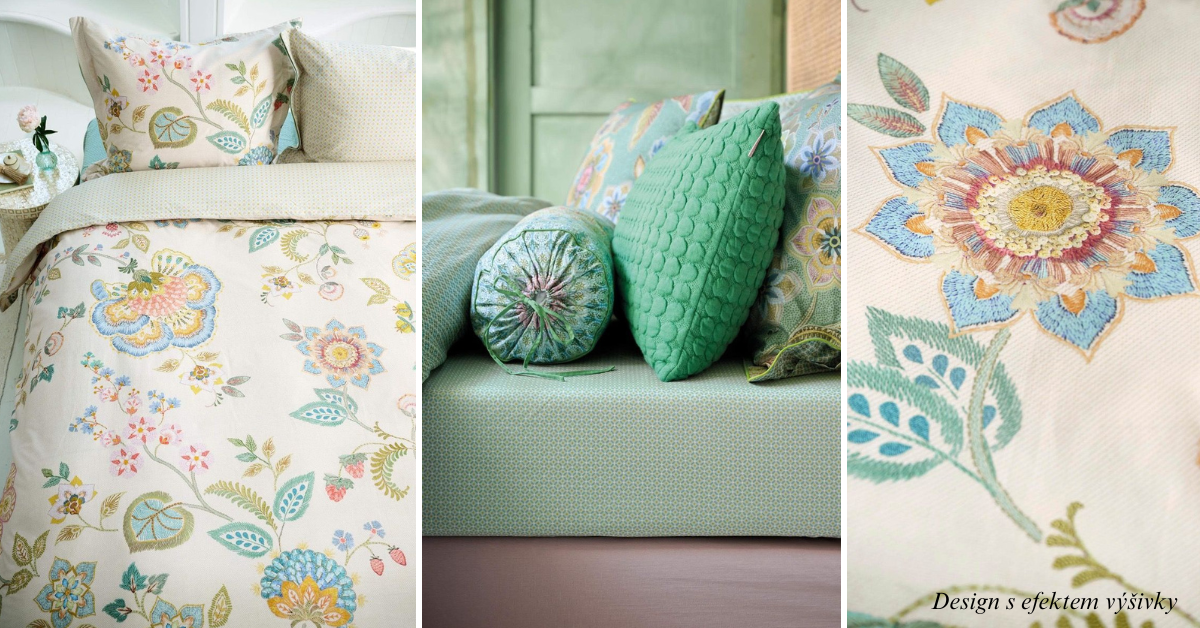 bavlněné perkálové povlečení Pip Studio v designu Buenas Tardes v bílé barvě s velkými květy, které vypadají jako vyšívané,zelené prostěradlo se vzorem cross stitch-křižek.doplňkové polštáře v zelených tónech